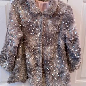 CachCach Dress Coat grey with silver sequins. Girls Size 5 Pink satin lining
